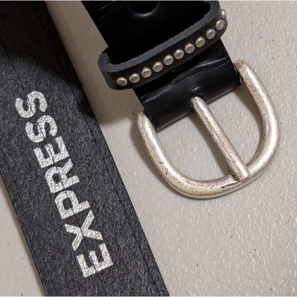 Vintage Express black leather belt size Large sequin silver stud fashion buckle - Picture 5 of 7